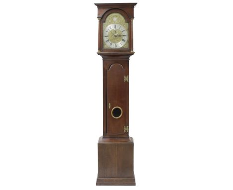 Oak eight day longcase clock, the 12" brass arched dial signed George Avenell, Farnham on a silvered shield enclosed by the R