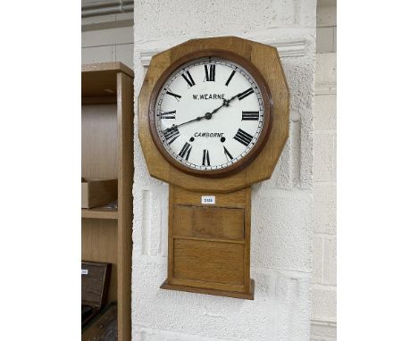 Light oak drop dial wall clock signed W. Wearne, Camborne; also a small quantity of movements and clock fittings including be