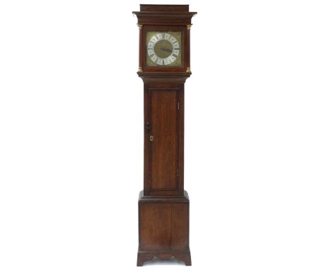 Oak thirty hour longcase clock, the 10.5" square brass dial with silvered chapter ring enclosing a matted centre and single i