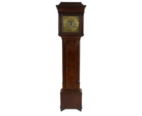 Oak eight day longcase clock, the 12" square brass dial signed S. Wright, Northwich on the brass chapter ring enclosing a mat