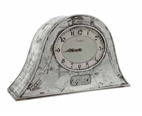 Silver miniature striking desk clock, import hallmarks for London 1927,&nbsp; the oval silvered dial signed Cartier, the move