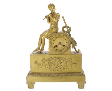 French ormolu figural two train mantel clock, the 2.75" gilt chapter ring enclosing an engine turned centre, signed Steffenon