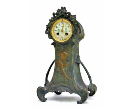 Art Nouveau bronzed two train mantel clock in the Liberty style, the 3" cream floral painted dial within a tapered flaring ca
