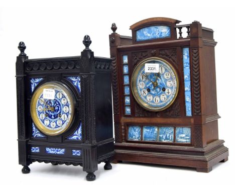 Arts &amp; Crafts style two train mahogany mantel clock striking on a gong, mounted with blue and white tiles indicating sign