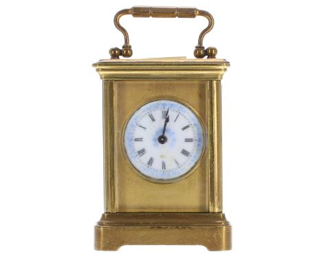 Miniature&nbsp;carriage clock timepiece, the 1.25" white and blue floral dial within a gilt mask and corniche brass case, 4.5
