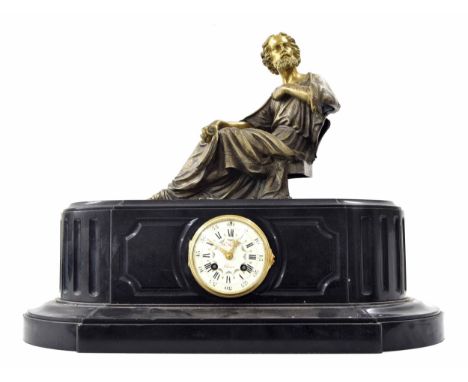 Large French black slate and brass figural two train mantel clock striking on a bell, the 3.75" cream dial signed F. Rotig, H