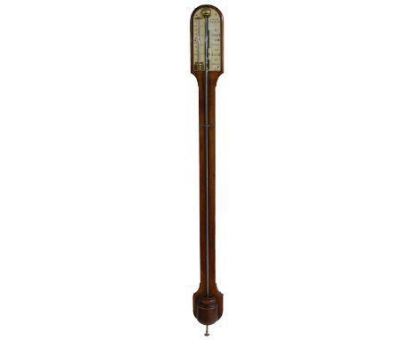Light oak stick barometer, the scale signed F. Rowe, GT. Marlow, over a flat trunk with recessed tube to the vase shaped cist