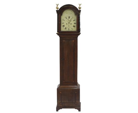 Oak eight day longcase clock, the 12" cream arched dial signed J. Goater, Winchester over subsidiary seconds and calendar dia