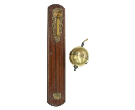 Thwaites &amp; Reed gravity globe clock with horizontal silvered chapter ring and pointer, suspended on a bracket stamped Thw