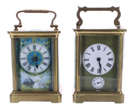 Carriage clock timepiece with alarm striking on a bell to the base, the 2" principal and alarm dials within a green mask and 