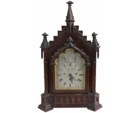 Large mahogany triple fusee boardroom gothic bracket clock with bracket,&nbsp;the 7.5" silvered dial signed Langley Bradley, 