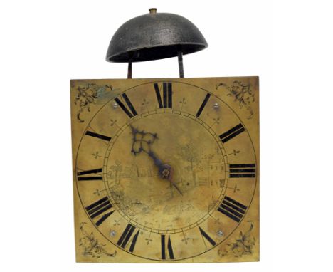 Early English 'sheep's&nbsp;head' birdcage movement wall clock, the 9" square brass dial engraved to the centre with a villag