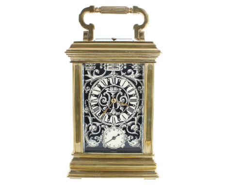 Repeater porcelain panelled carriage clock with alarm, the movement striking on a gong, the stepped case decorated with Niell