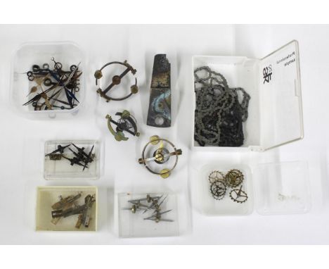 Box of marine chronometer detents and other movement parts etc 