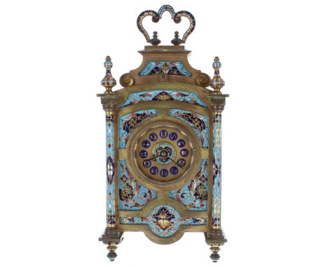 French ormolu and cloisonné&nbsp;repeater carriage clock striking on a gong, the 2" gilt dial with Roman cabochon enamel nume