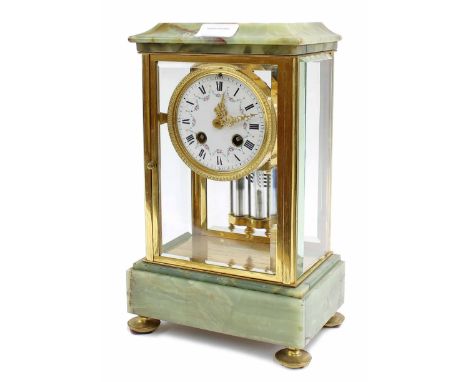 French green onyx two train&nbsp;four glass mantel clock striking on a gong, the 2.75" white floral painted dial within a bra