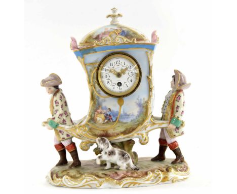 Novelty Dresden porcelain mantel clock timepiece, the 2.25" white dial signed Lawson &amp; Son, Paris, inset into the side of