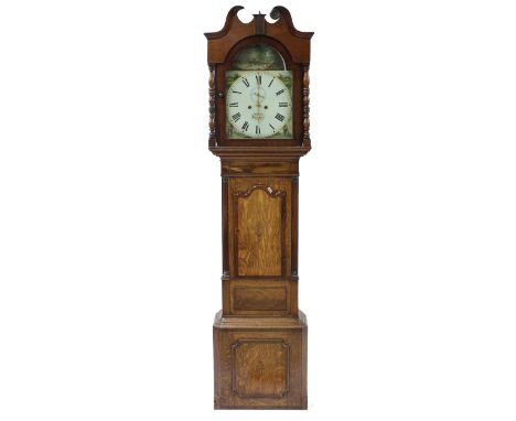 Oak and mahogany crossbanded eight day longcase clock, the 14" painted arched dial signed Smith, Walton to the centre with su