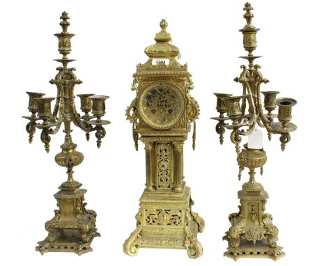 Small novelty French two train mantel clock in the form of a miniature longcase clock,&nbsp;within an ornate foliate pierced 