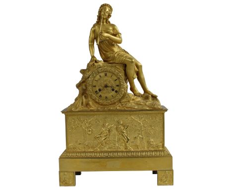 French ormolu figural two train mantel clock, the movement with outside count wheel striking on a bell, the 3.5" gilt chapter