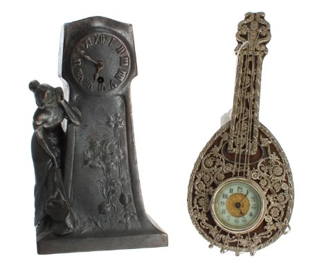 Novelty easel mantel clock timepiece in the form of a mandolin, the 1.75" cream chapter ring enclosing a gilt foliate centre,