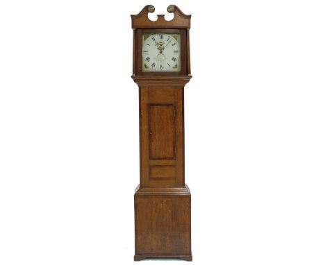 Oak and mahogany crossbanded thirty hour longcase clock, the 12" square painted dial signed Thos Higgins Jun, Burford, the ca