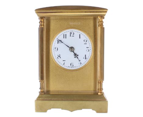 French&nbsp;carriage clock striking on a gong, the 1.75" white enamel dial within a gilt mask and pillared case with rounded 