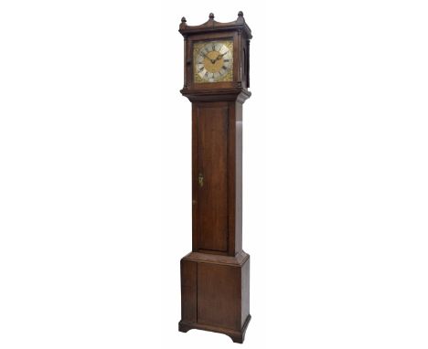 Oak thirty hour longcase clock with birdcage movement, the 11" square brass dial signed Simon Cross, Liphill on the silvered 