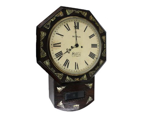 Irish rosewood double fusee 12" drop dial wall clock signed Wm Hug, Dublin, within a flat octagonal surround inlaid with bird