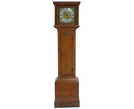 Light oak thirty hour longcase clock, the 11" square brass dial signed Jonathan Way, Newton St Loe on the silvered chapter ri