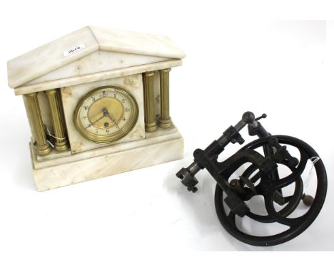 Antique cast iron hand wheel for a watchmakers lathe; also a white marble mantel clock timepiece within a temple pillared ste