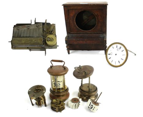 Novelty mahogany cased mantel clock in the form of a miniature cabinet piano, 10" high (incomplete and in need of rebuilding)
