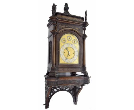 Good English mahogany large three train bracket clock and wall bracket, the 9" gilded arched dial with 8.5" silvered chapter 
