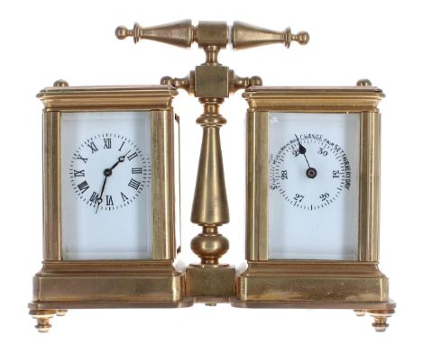 Contemporary&nbsp;carriage clock style timepiece and barometer desk compendium, within corniche brass cases fitted with a cen