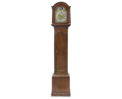 Oak thirty hour longcase clock, the 10" brass arched dial signed Thos Fordham, Braintree on an arched plaque to the foliate e