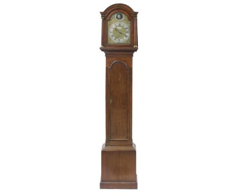 Oak thirty hour longcase clock, the 10" brass arched dial signed Thos Fordham, Braintree on an arched plaque to the foliate e