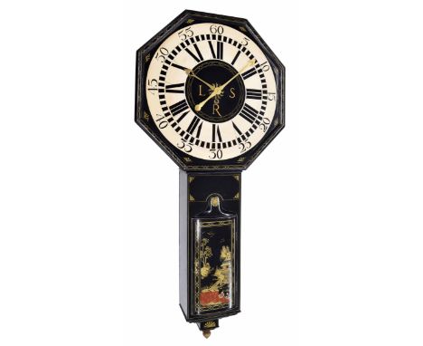 Good contemporary black lacquer and chinoiserie decorated tavern clock, the A-frame plated movement with deadbeat escapement 