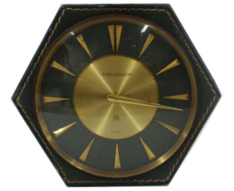 Jaeger-LeCoultre desk clock, within a green leather bound hexagonal canted case, 5.5" wide 