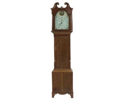 Oak and mahogany crossbanded thirty hour longcase clock, the 12" painted arched dial signed Holliwell, Alfreton, the case wit