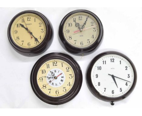 Three various 8" Bakelite cased electric wall dial clocks with centre second sweep hands, two by Magneta; also a Smiths eight