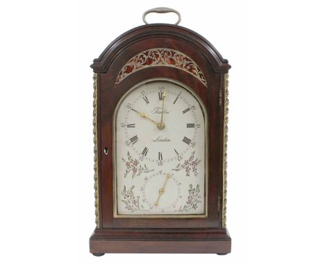 Good and unusual English mahogany triple fusee bracket clock with calendar, the 7" painted arched dial signed Tomlin, London 