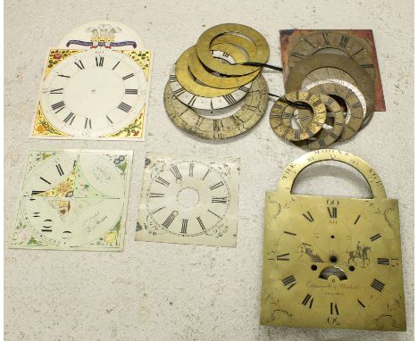 Brass 12" longcase clock dial signed Edgecumbe Nichols, Bristol; also sixteen other various clock dials and chapter rings (17