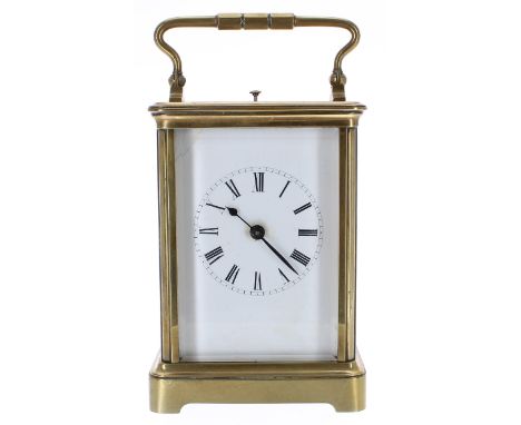 Repeater carriage clock striking on a gong, within a corniche brass case, 7" high (key) 
