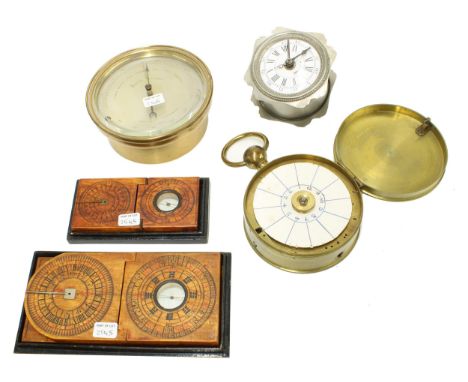 Brass cased aneroid barometer/thermometer, the 4" silvered dial inscribed no. 17586, surmounted by a ring handle; also a circ