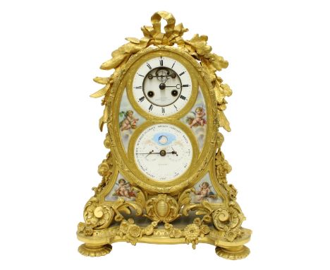 Fine French ormolu and porcelain mounted&nbsp;two train calendar clock,&nbsp;the 4" white chapter ring enclosing a recessed v