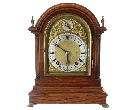 Good small oak W &amp; H ting-tang mantel clock striking on two gongs, the 4.5" silvered chapter ring enclosing a matted cent