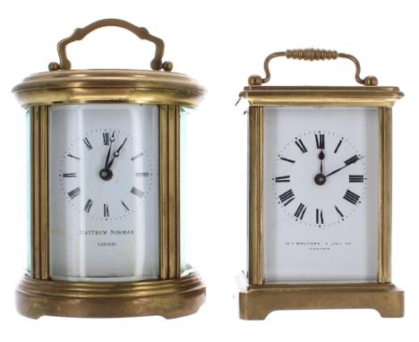 Matthew Norman oval&nbsp;carriage clock timepiece, 6.25" high (winding key); also another&nbsp;carriage timepiece with fixed 