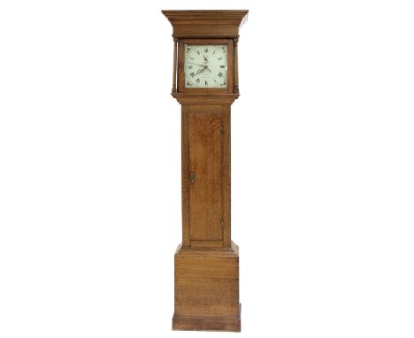 Oak thirty hour longcase clock, the 11" painted square dial signed R. Prew, Tewkesbury, with calendar aperture, the case with