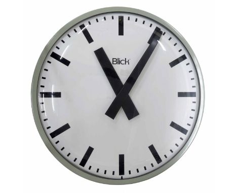 Large Blick public 24" wall dial clock,&nbsp;within a light green metal surround 