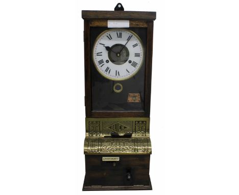 Blick clocking-in wall clock, the 9" white chapter ring enclosing a skeletonised centre with date aperture, within a glazed c